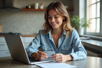 Femme souriante vérifiant une demande de carte de crédit à la maison