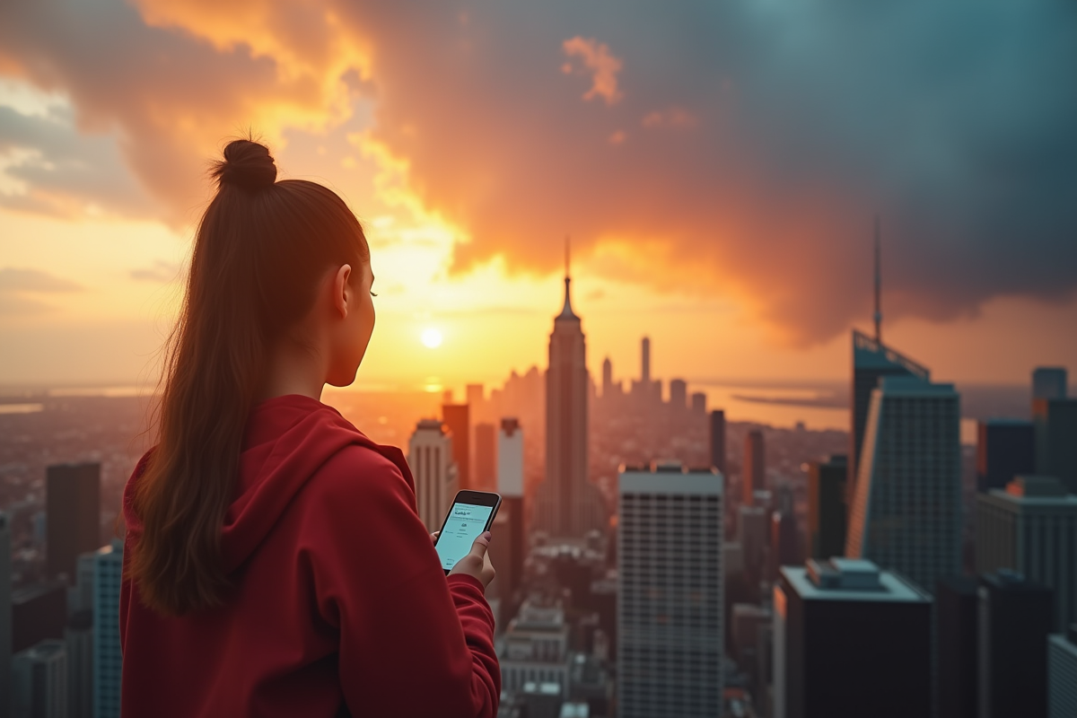 Jeune femme sur un toit au lever du soleil