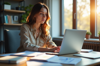 Jeune femme travaillant à domicile avec documents financiers