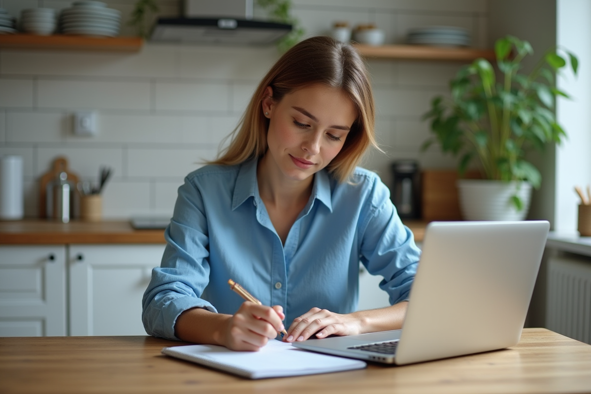 Jeune femme travaillant à domicile avec son ordinateur