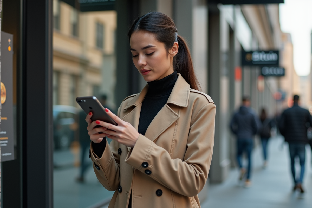 Femme en trench regardant un poster bitcoin en ville moderne