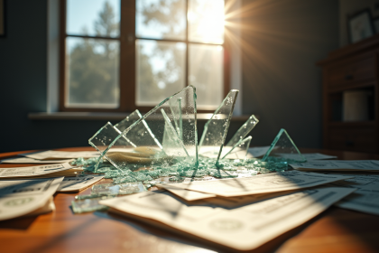 Fenêtre cassée avec débris de verre sur le sol en bois et documents financiers endommagés