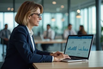 Professionnelle en blazer marine gérant son compte bancaire en ligne sur un ordinateur portable dans un bureau moderne