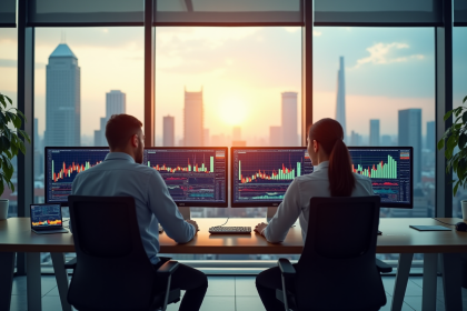 Gloffice moderne avec vue sur la ville et professionnels analysant des graphiques financiers