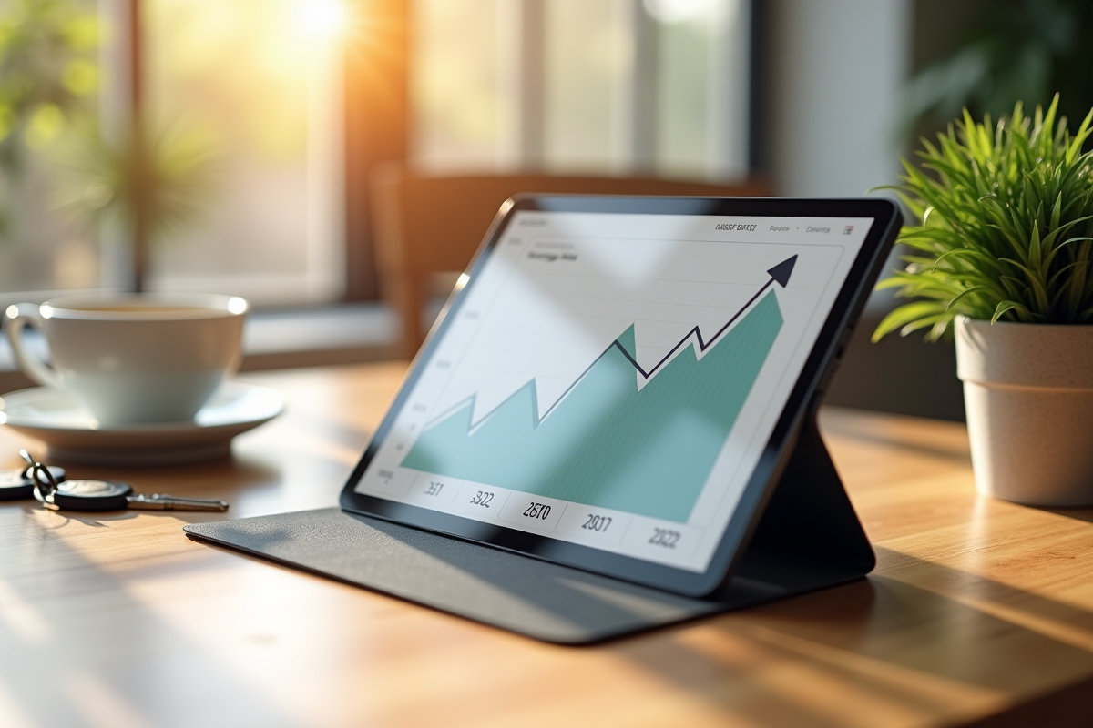 Tablette affichant une baisse des taux hypothécaires en 2027 sur un bureau lumineux