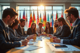 Groupe diversifié analysant des graphiques crypto et coins bitcoin