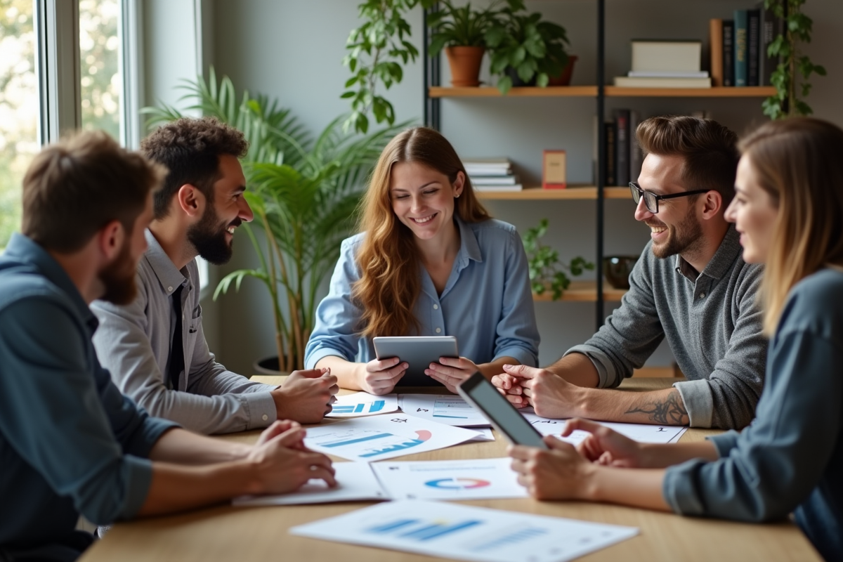 Groupe diversifié discutant avec graphiques financiers en coworking