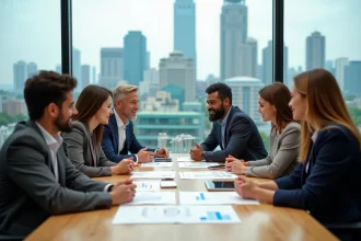 Groupe de jeunes adultes en réunion dans un bureau moderne