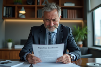 Homme d'affaires avec contrat de franchise dans un bureau