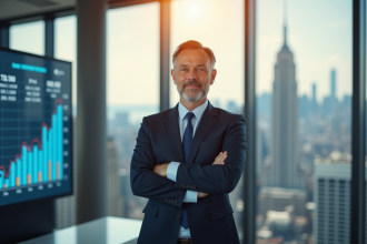 Homme d'affaires confiant dans un bureau moderne avec vue sur la ville