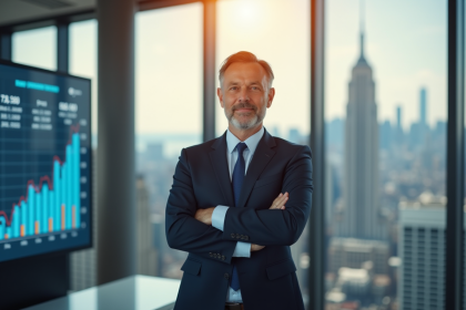 Homme d'affaires confiant dans un bureau moderne avec vue sur la ville