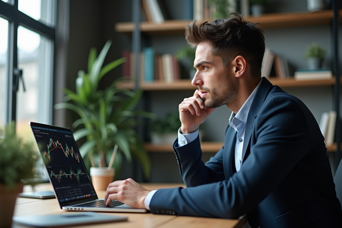 Jeune homme concentré analysant graphiques Ethereum au bureau