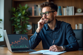 Homme pensif analysant des graphiques de cryptomonnaie