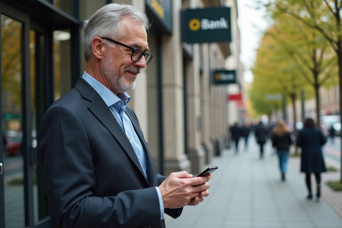 Homme d affaires regardant une application cashback en extérieur