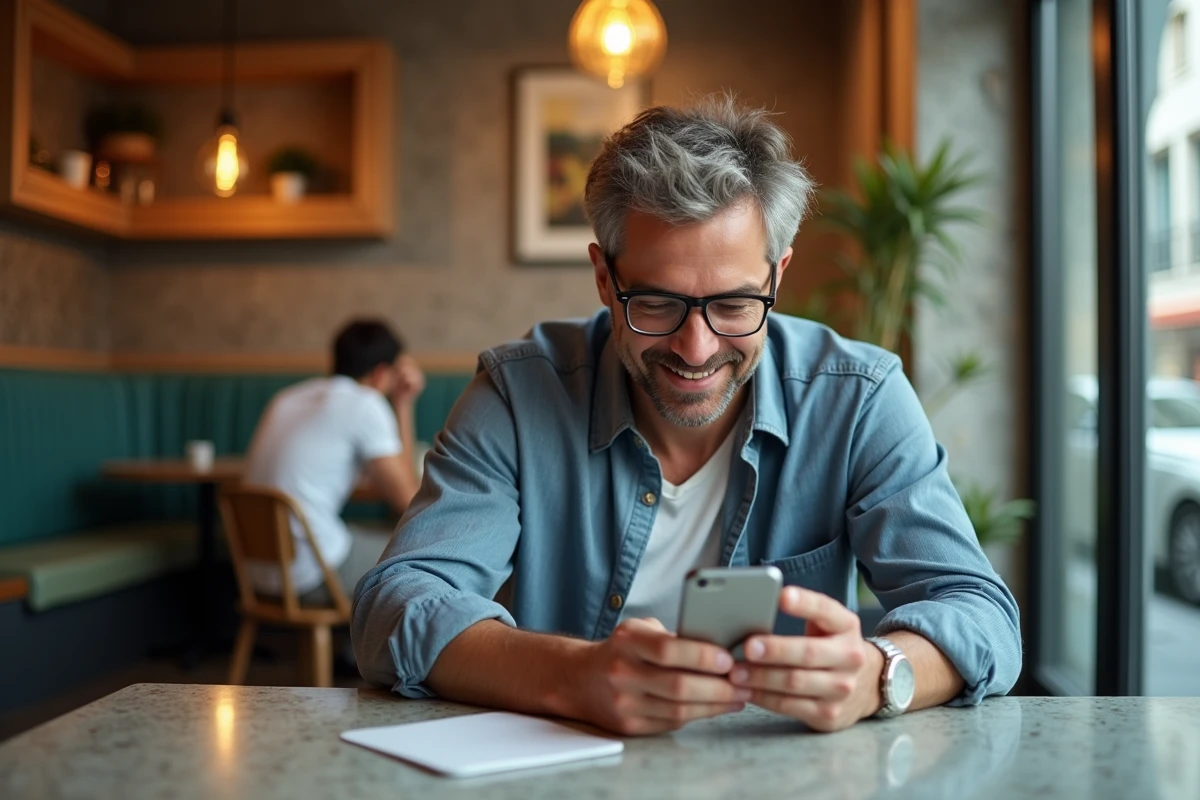 Homme détendu vérifiant ses finances au café