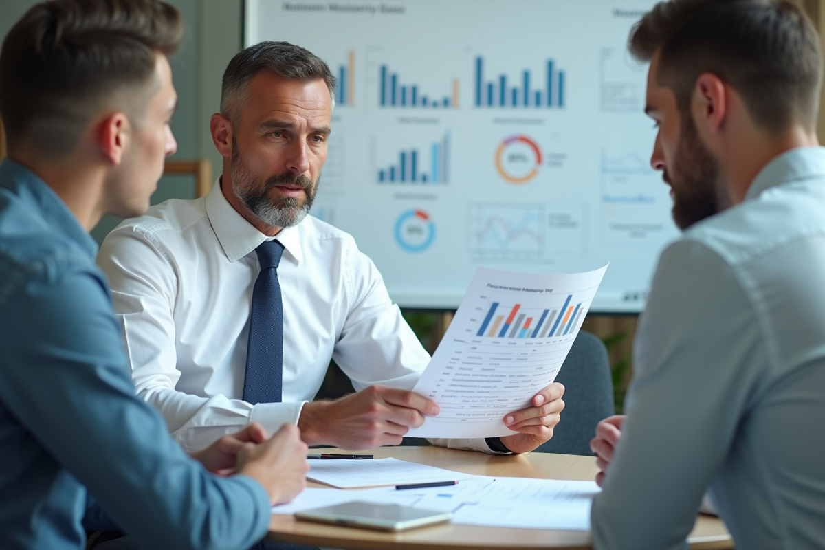 Homme explique des résultats financiers à un collègue dans une salle de réunion