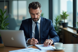 Homme d'affaires en costume bleu dans un bureau moderne