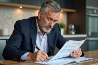 Homme d'âge moyen examinant un document financier à la maison
