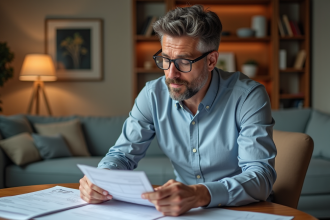 Homme d'âge moyen examinant des reçus de location dans un salon moderne