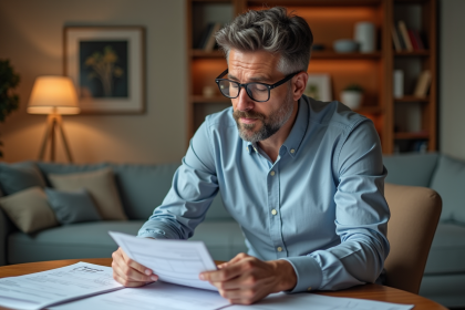 Homme d'âge moyen examinant des reçus de location dans un salon moderne