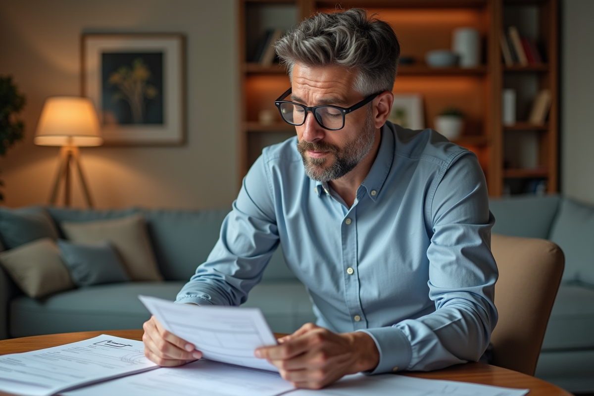 Homme d'âge moyen examinant des reçus de location dans un salon moderne