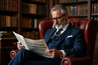Homme d'âge moyen en costume lisant un journal dans une bibliothèque élégante