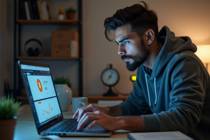 Jeune homme surveillant un logiciel de minage sur son ordinateur à la maison