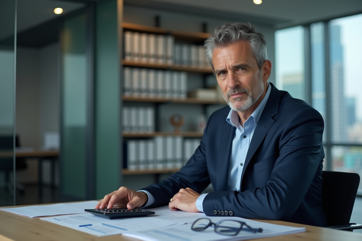 Homme en costume analysant des documents au bureau