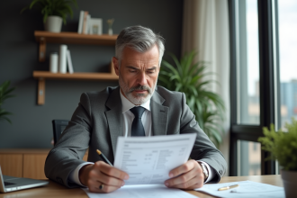 Homme d'affaires sérieux vérifiant un relevé bancaire