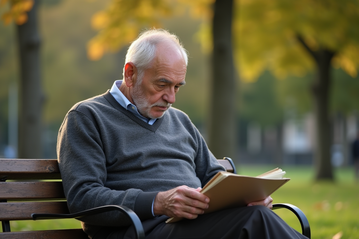 Homme âgé assis sur un banc dans un parc avec dossier ALD