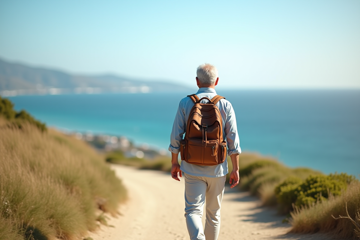 Homme mature en promenade au bord de la mer en retraite