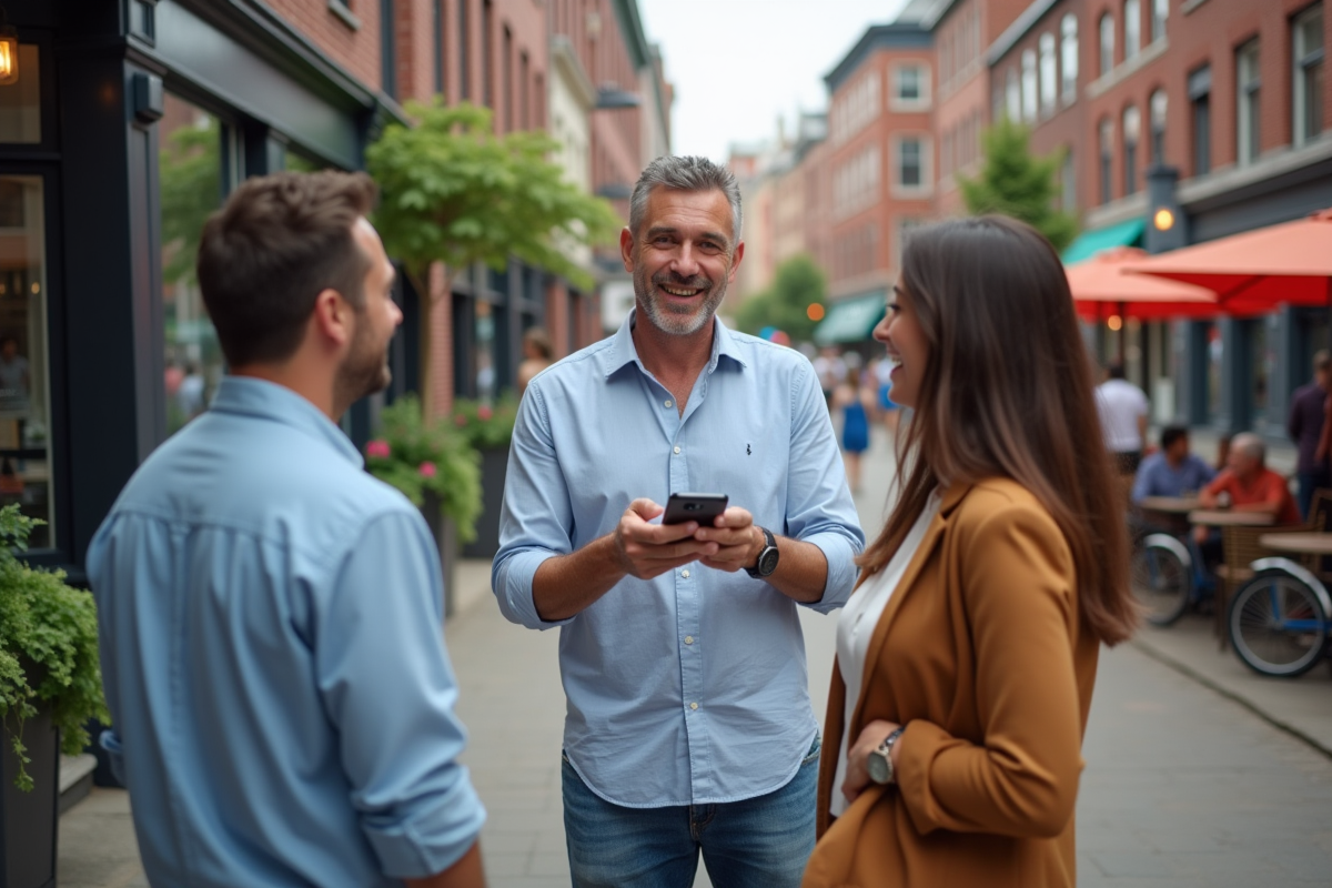 Homme dans la rue partageant une idée avec ses amis