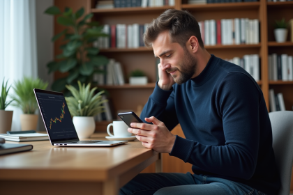 Homme d'âge moyen vérifiant son smartphone dans un bureau lumineux