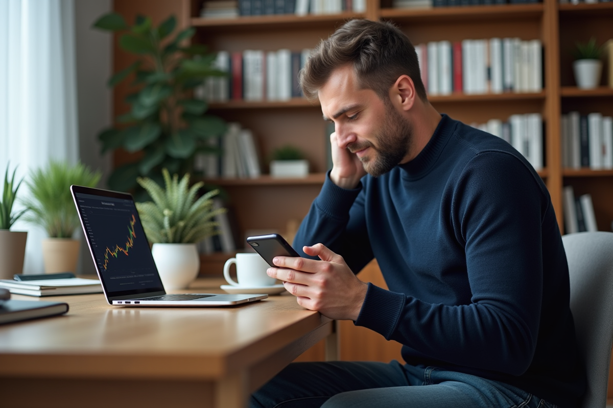 Homme d'âge moyen vérifiant son smartphone dans un bureau lumineux