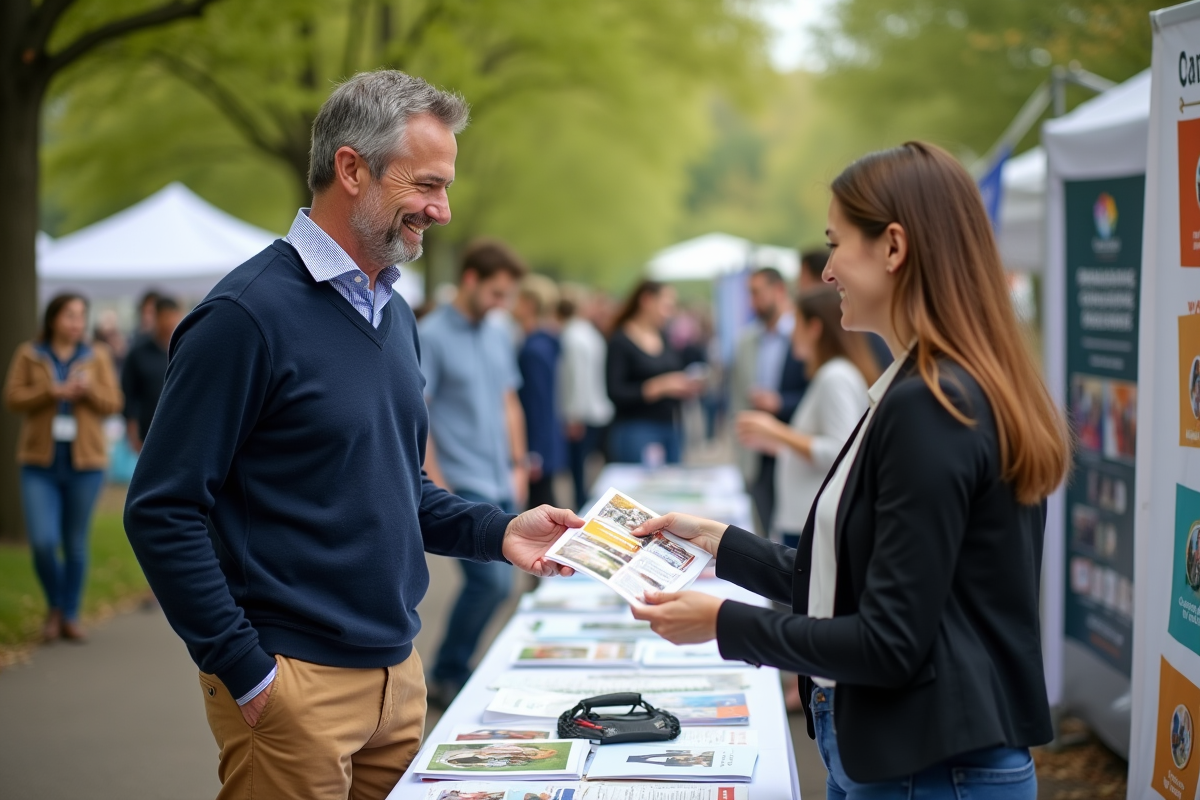 Homme tendant une brochure à une femme lors d