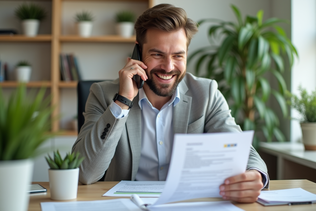Homme souriant téléphonant avec document d