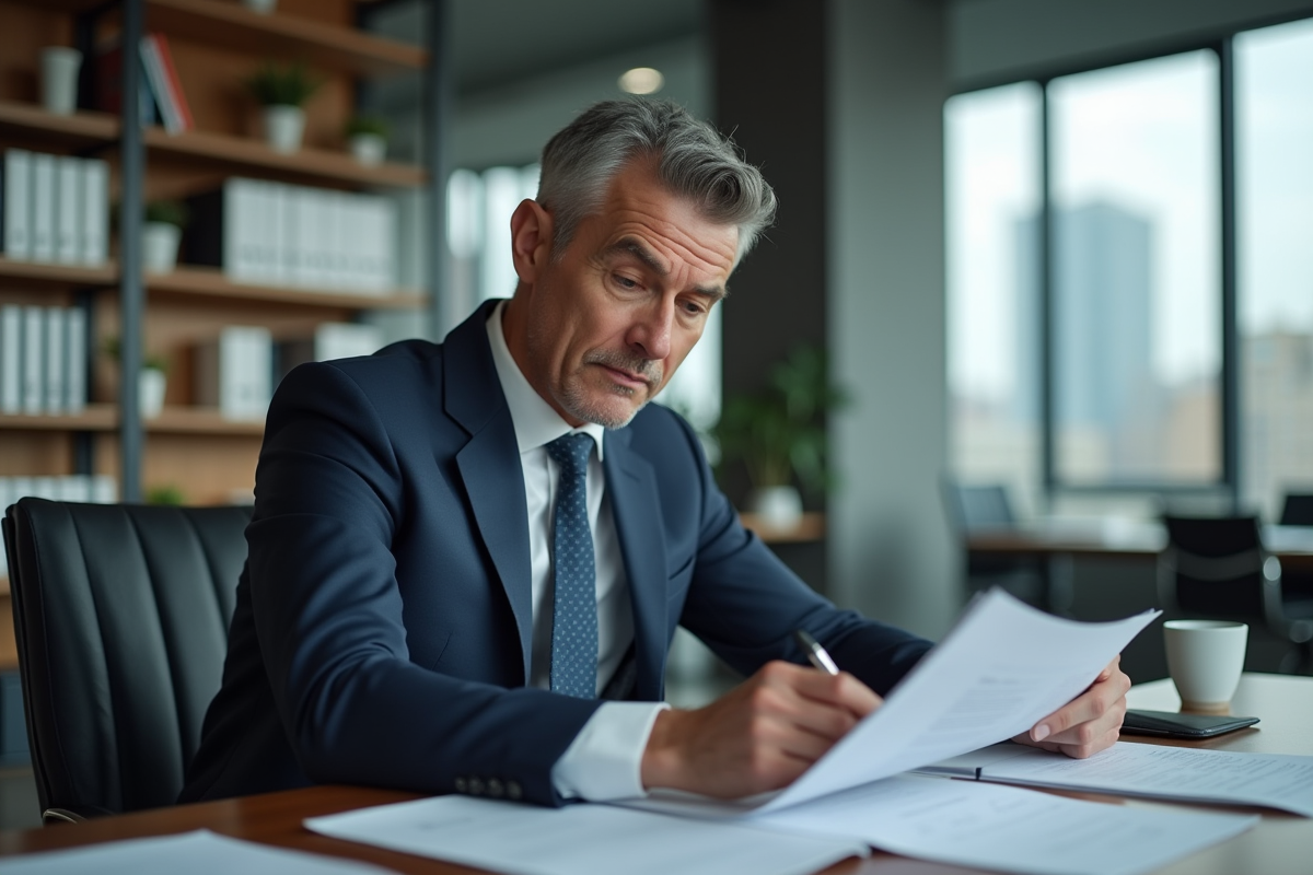 Homme d affaires examinant des documents dans un bureau moderne