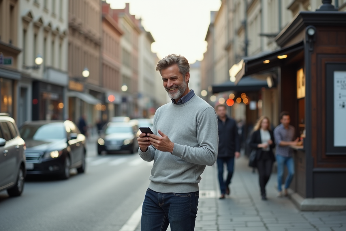 Homme souriant proposant un trajet en ville avec smartphone
