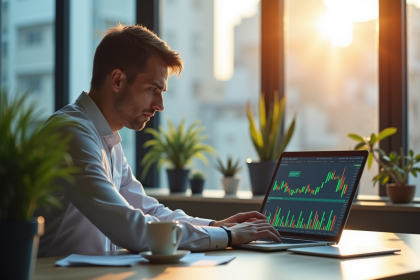 Jeune investisseur analyse graphiques financiers sur un ordinateur lumineux