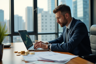 Investisseur professionnel analysant graphiques de cryptomonnaies sur un ordinateur moderne