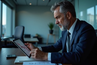 Homme d'affaires regardant un graphique financier en baisse