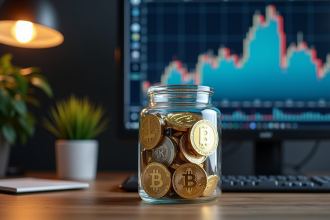 Pièce de monnaie crypto en or et argent sur bureau moderne