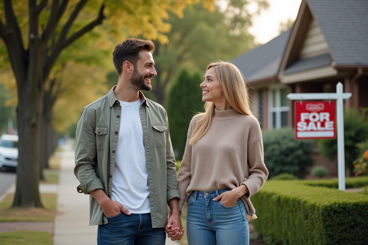 Jeune couple devant une maison avec panneau a vendre