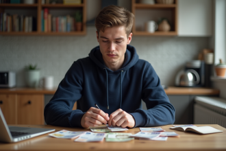 Jeune étudiant comptant des billets dans sa cuisine