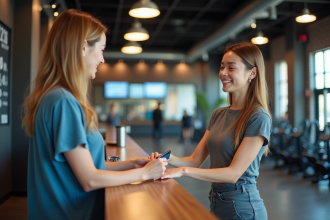 Jeune femme payant sa cotisation gym avec carte contactless