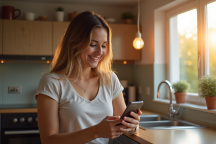Jeune femme souriante utilisant son smartphone dans une cuisine lumineuse