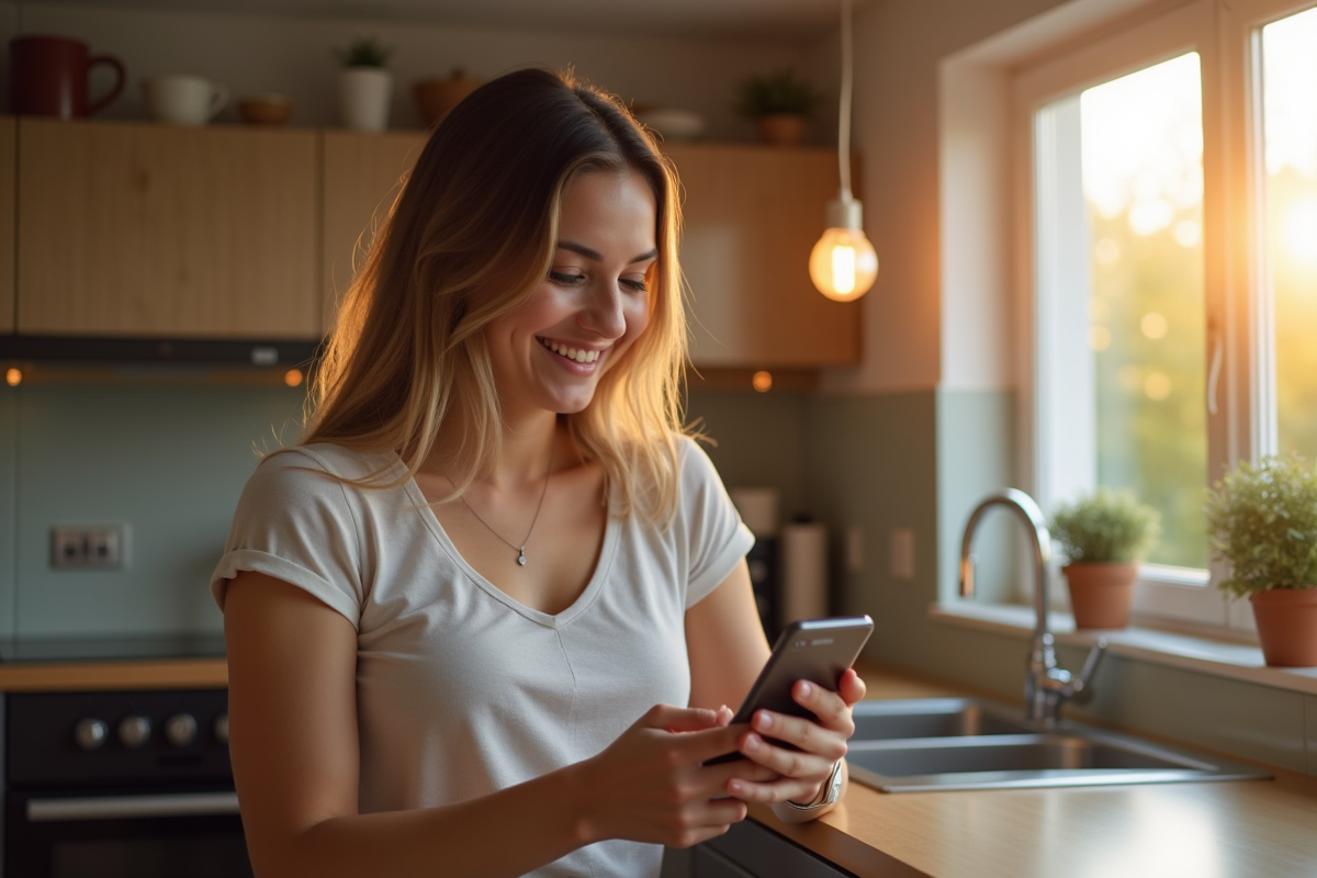 Jeune femme souriante utilisant son smartphone dans une cuisine lumineuse