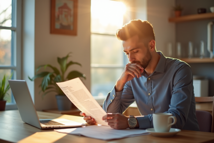 Jeune homme professionnel lisant un document d'assurance à la maison