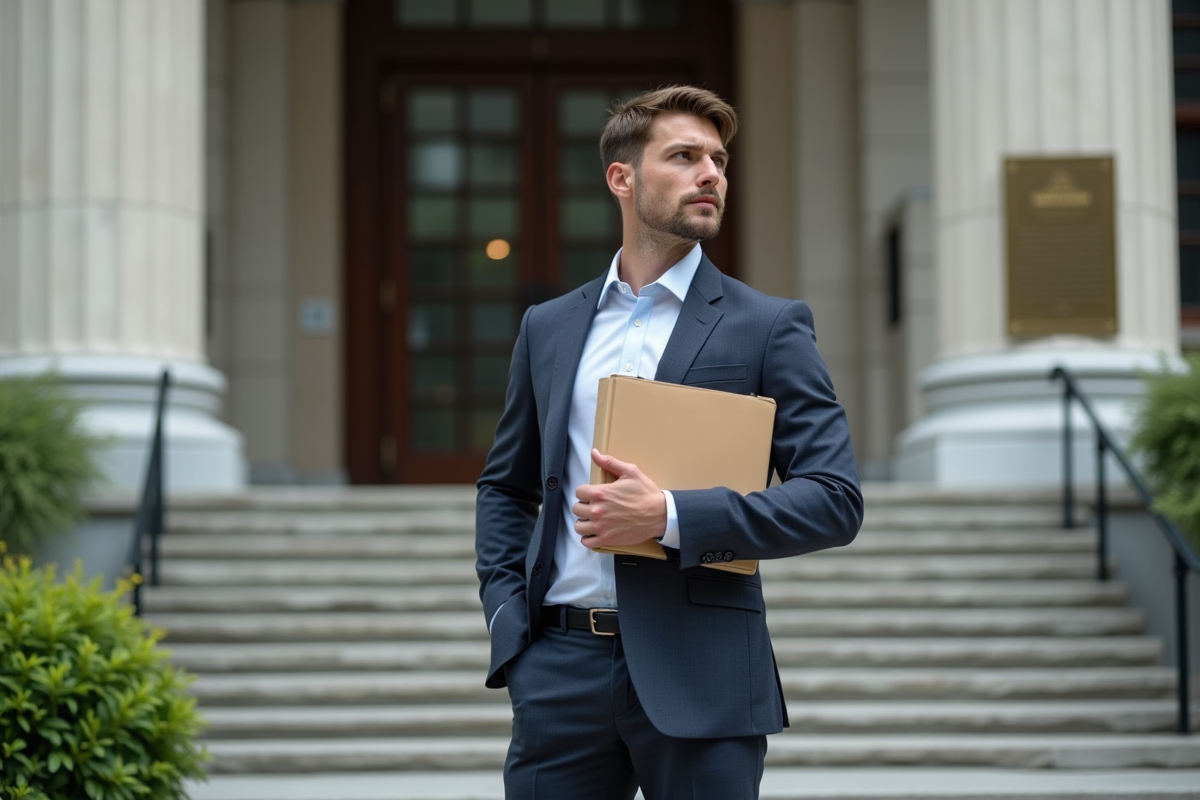 Jeune homme devant un bâtiment municipal avec dossier