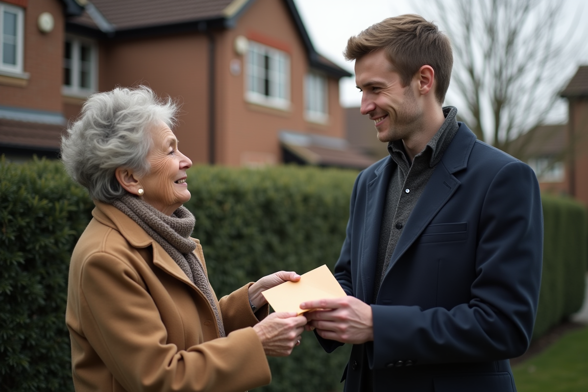 Jeune homme donnant une enveloppe à une femme devant une maison